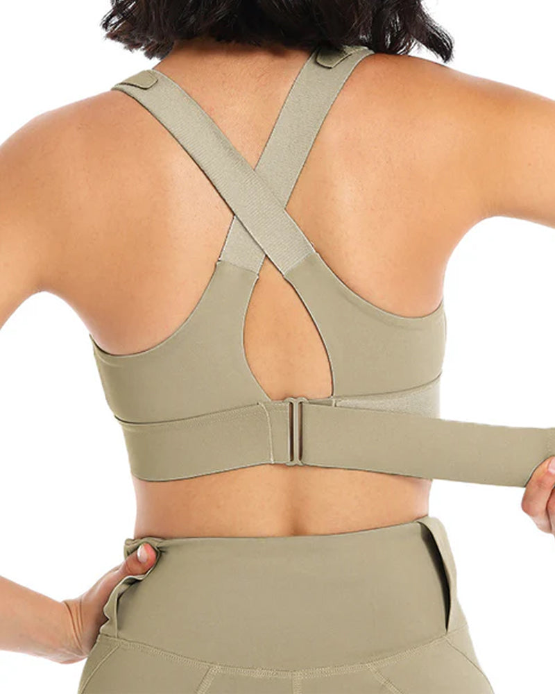Women's Zipper Front High-Strength Support Adjustable Straps Cross Back Short Fitness Sports Bra