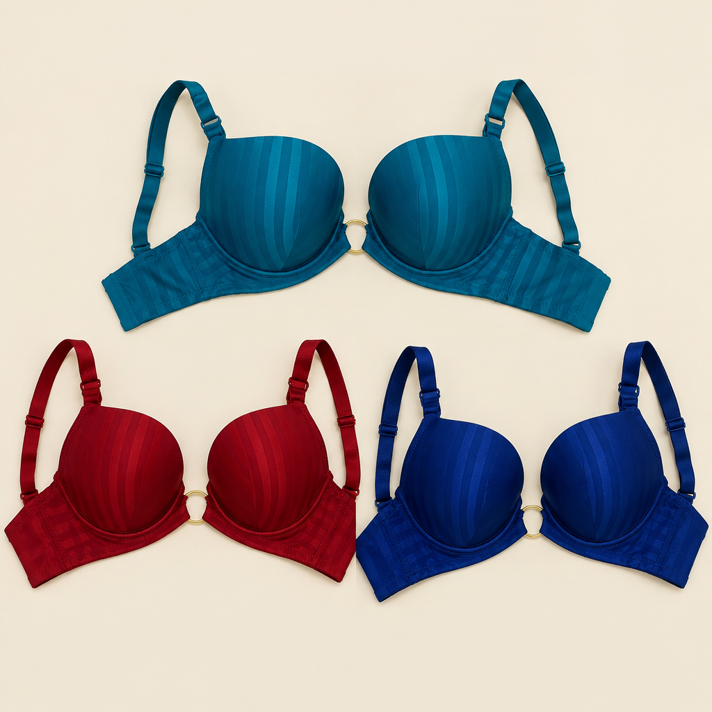 Three Gold Loop push-up bras arranged together in teal, maroon and navy blue